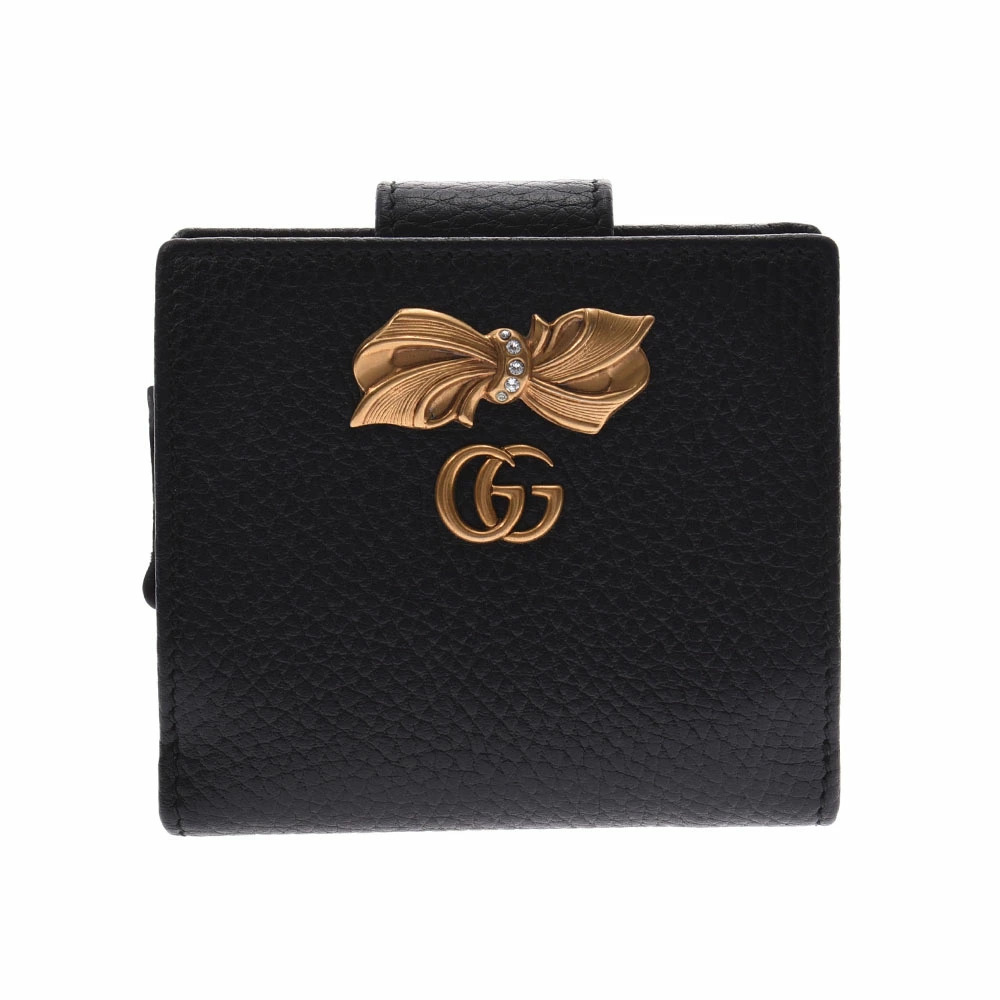GUCCI Bow Compact Wallet Black Leather Bi fold